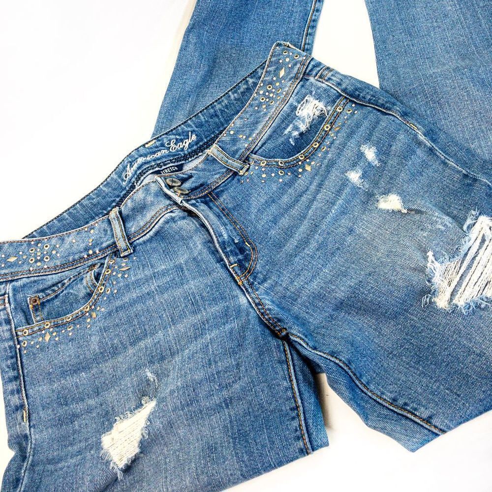 AEO Skinny Stretch Blue Jeans Studded Distressed Sz 10